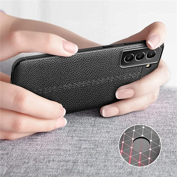 Flexible TPU Litchi Texture Cell Phone Back Case Cover for Samsung Galaxy S21 FE - Black