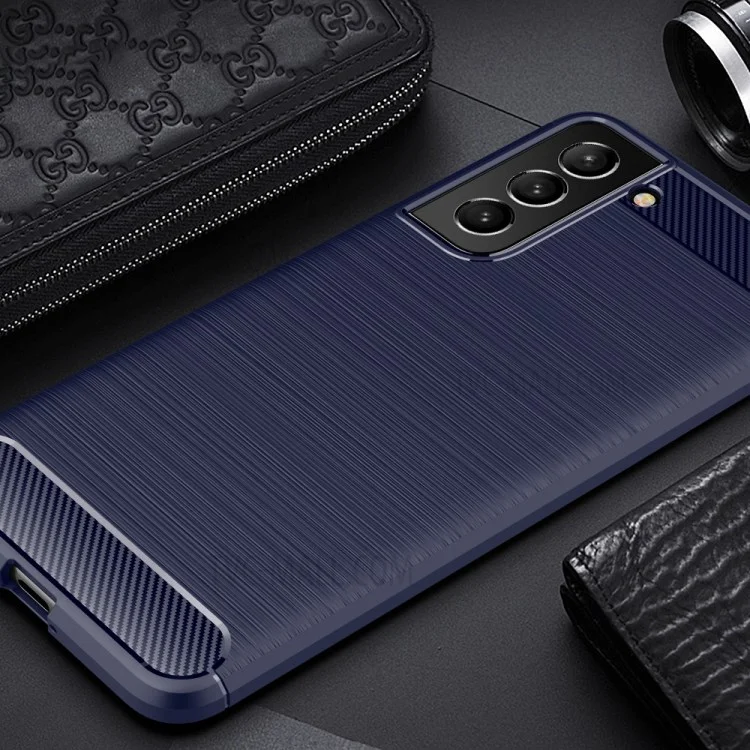 Flexible TPU Phone Protector Case Brushed Carbon Fiber Texture Cover for Samsung Galaxy S21 FE - Blue