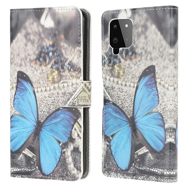 Pattern Printing Full Protection Wallet Design Leather Stand Protective Case with Stand for Samsung Galaxy A22 4G (EU Version) - Blue Butterfly