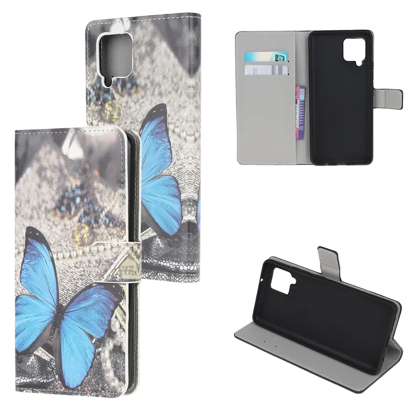 Pattern Printing Full Protection Wallet Design Leather Stand Protective Case with Stand for Samsung Galaxy A22 4G (EU Version) - Blue Butterfly