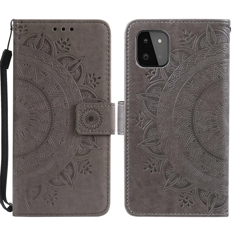Imprinted Mandala Flower Wallet Design Leather Case with Strap for Samsung Galaxy A22 5G (EU Version) - Grey