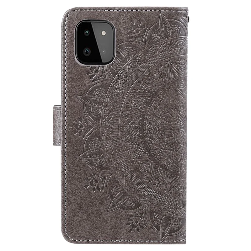 Imprinted Mandala Flower Wallet Design Leather Case with Strap for Samsung Galaxy A22 5G (EU Version) - Grey