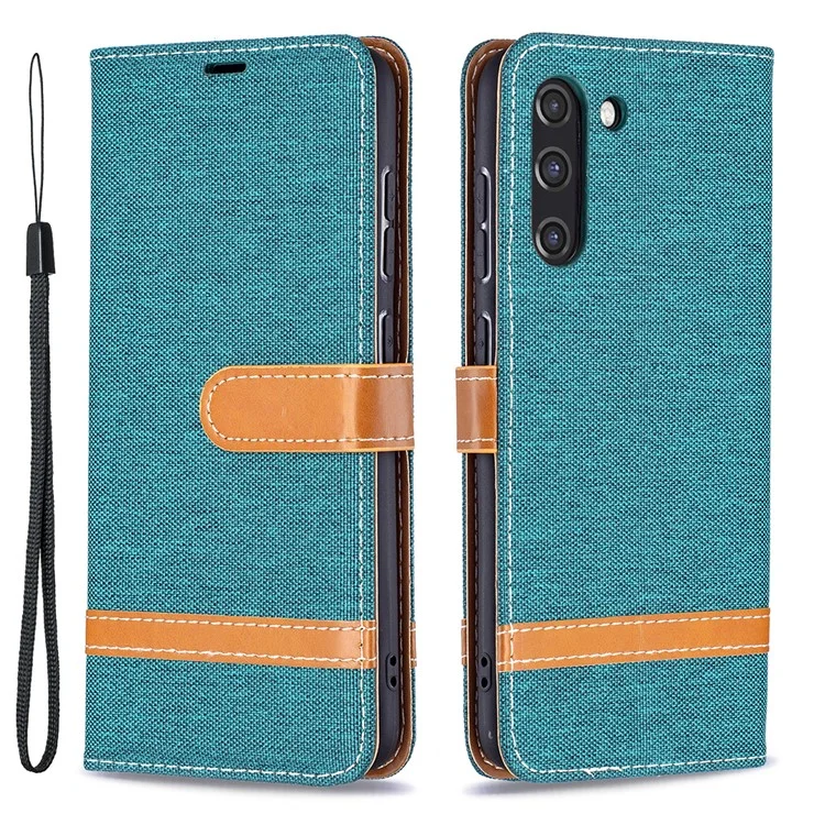Splicing Jeans Cloth Surface Leather Phone Cover Wallet Stand Case per Samsung Galaxy S21 FE 5G - Verde
