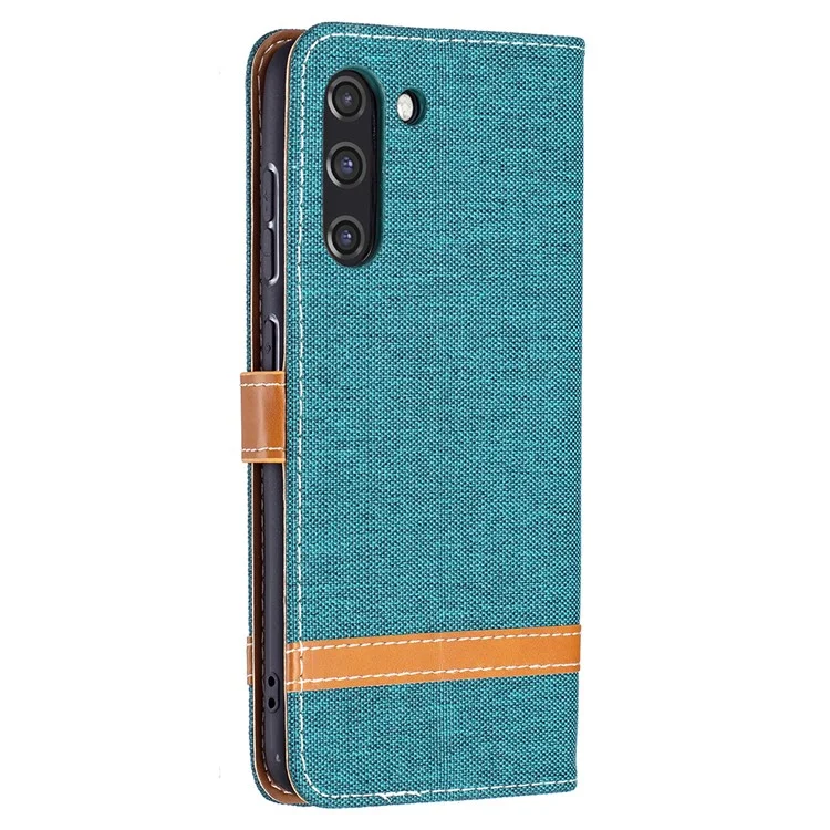 Splicing Jeans Cloth Surface Leather Phone Cover Wallet Stand Case per Samsung Galaxy S21 FE 5G - Verde