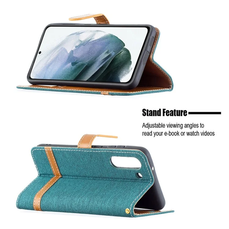 Splicing Jeans Cloth Surface Leather Phone Cover Wallet Stand Case per Samsung Galaxy S21 FE 5G - Verde