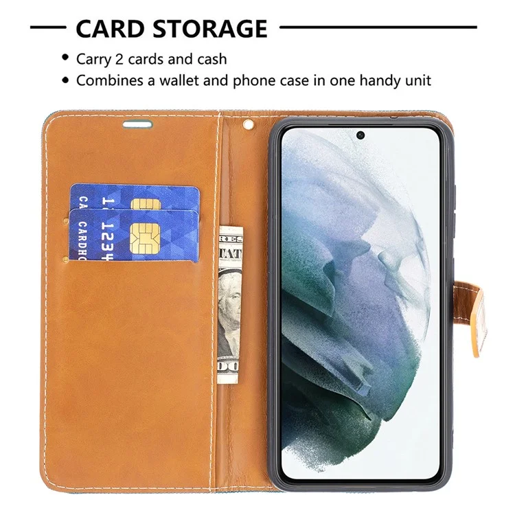 Splicing Jeans Cloth Surface Leather Phone Cover Wallet Stand Case per Samsung Galaxy S21 FE 5G - Verde