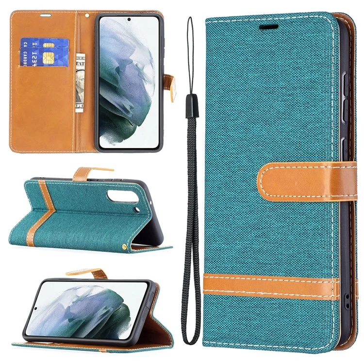 Splicing Jeans Cloth Surface Leather Phone Cover Wallet Stand Case per Samsung Galaxy S21 FE 5G - Verde