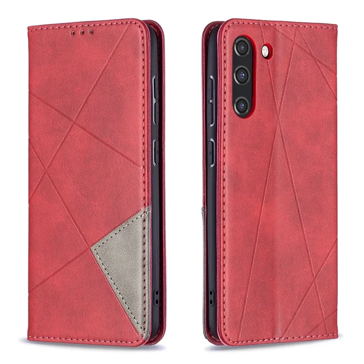 Geometric Pattern Leather Phone Case Shell Card Holder Stand for Samsung Galaxy S21 FE 5G - Red