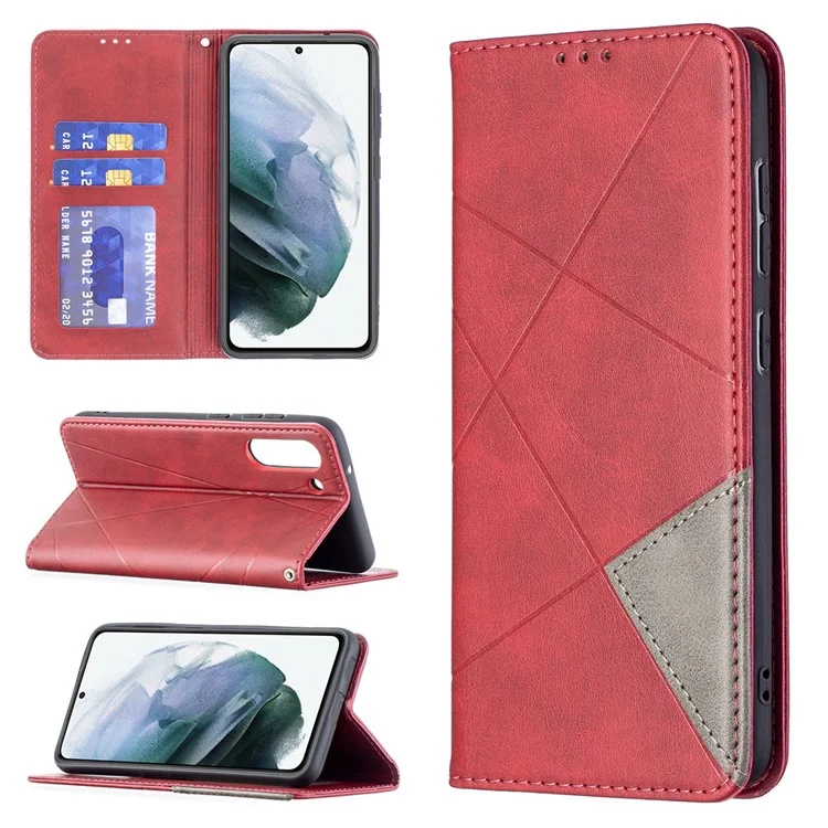 Geometric Pattern Leather Phone Case Shell Card Holder Stand for Samsung Galaxy S21 FE 5G - Red