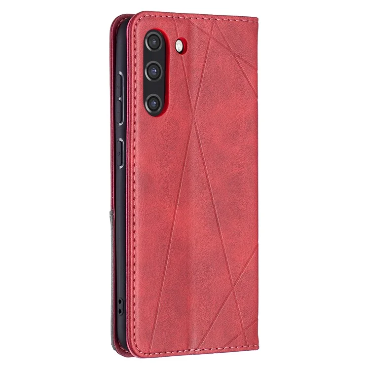 Geometric Pattern Leather Phone Case Shell Card Holder Stand for Samsung Galaxy S21 FE 5G - Red