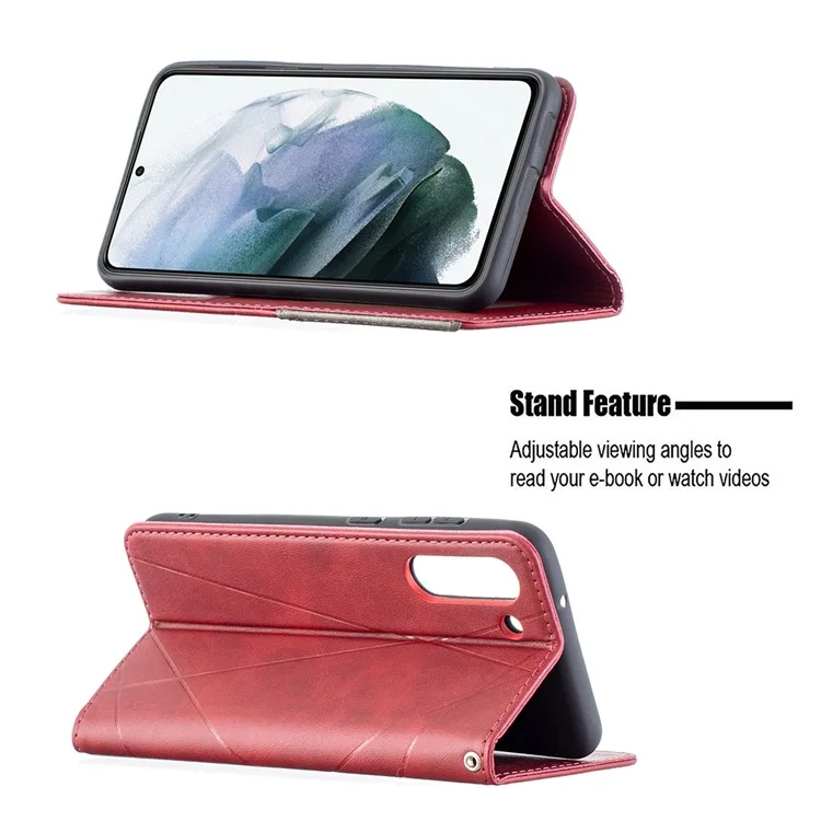 Geometric Pattern Leather Phone Case Shell Card Holder Stand for Samsung Galaxy S21 FE 5G - Red