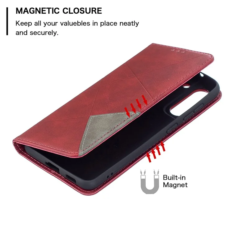 Geometric Pattern Leather Phone Case Shell Card Holder Stand for Samsung Galaxy S21 FE 5G - Red