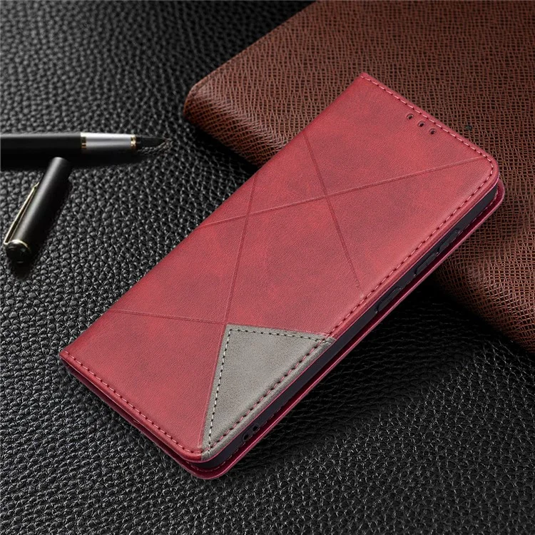 Geometric Pattern Leather Phone Case Shell Card Holder Stand for Samsung Galaxy S21 FE 5G - Red