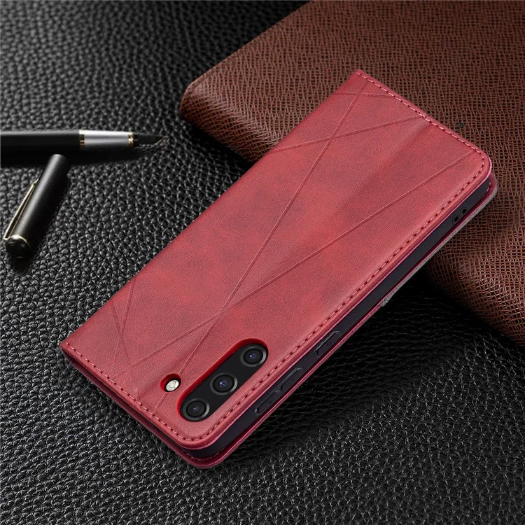 Geometric Pattern Leather Phone Case Shell Card Holder Stand for Samsung Galaxy S21 FE 5G - Red