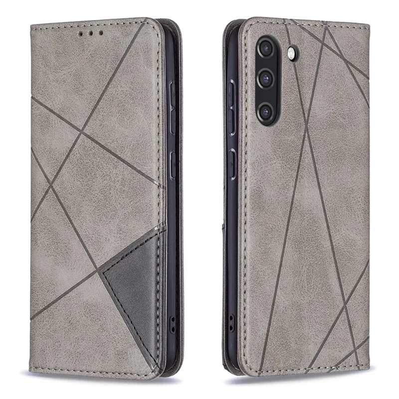 Geometric Pattern Leather Phone Case Shell Card Holder Stand for Samsung Galaxy S21 FE 5G - Grey