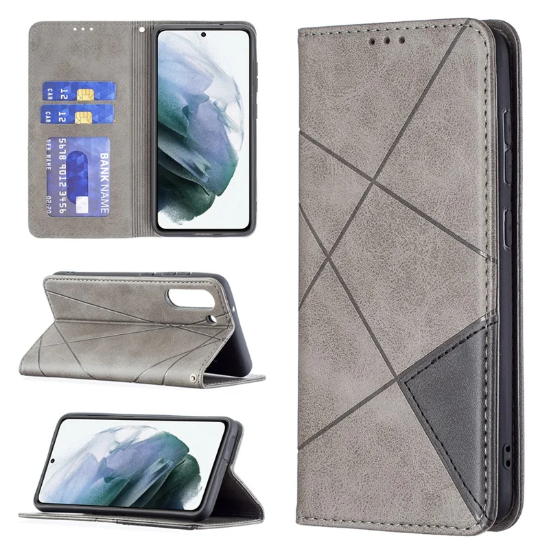 Geometric Pattern Leather Phone Case Shell Card Holder Stand for Samsung Galaxy S21 FE 5G - Grey