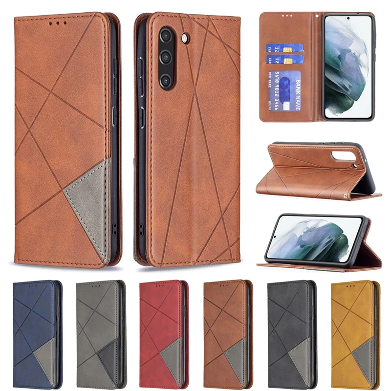 Geometric Pattern Leather Phone Case Shell Card Holder Stand for Samsung Galaxy S21 FE 5G - Grey