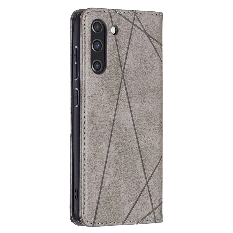 Geometric Pattern Leather Phone Case Shell Card Holder Stand for Samsung Galaxy S21 FE 5G - Grey