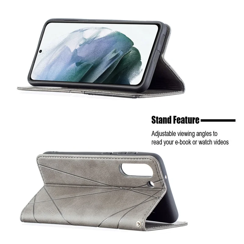 Geometric Pattern Leather Phone Case Shell Card Holder Stand for Samsung Galaxy S21 FE 5G - Grey