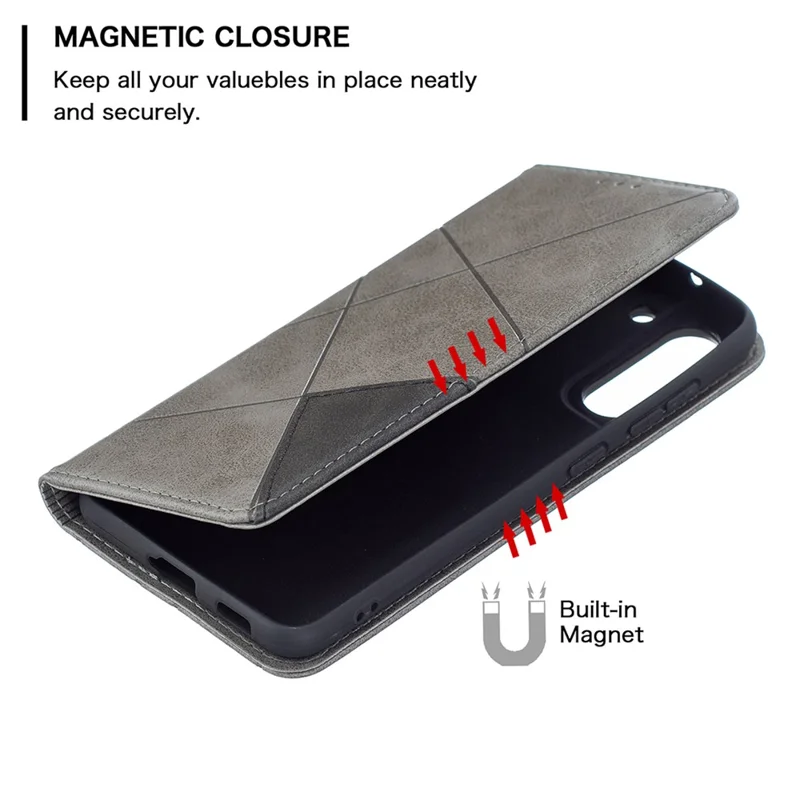 Geometric Pattern Leather Phone Case Shell Card Holder Stand for Samsung Galaxy S21 FE 5G - Grey