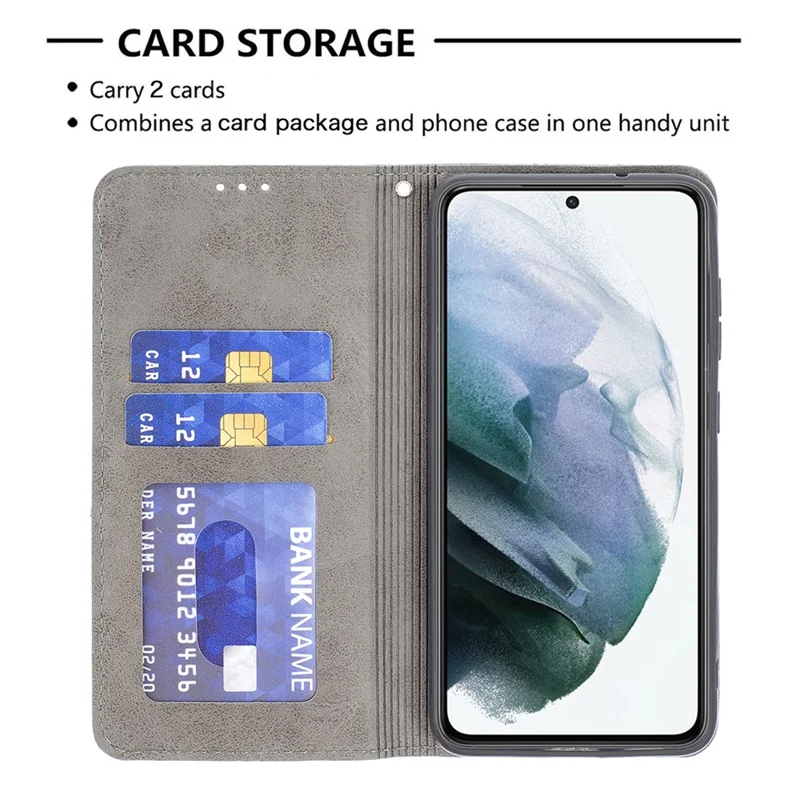 Geometric Pattern Leather Phone Case Shell Card Holder Stand for Samsung Galaxy S21 FE 5G - Grey