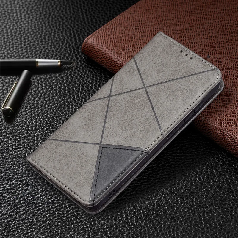 Geometric Pattern Leather Phone Case Shell Card Holder Stand for Samsung Galaxy S21 FE 5G - Grey