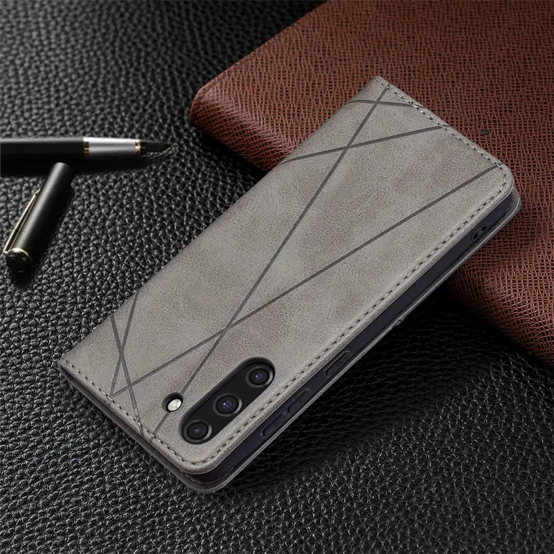 Geometric Pattern Leather Phone Case Shell Card Holder Stand for Samsung Galaxy S21 FE 5G - Grey