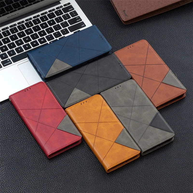 Geometric Pattern Leather Phone Case Shell Card Holder Stand for Samsung Galaxy S21 FE 5G - Grey
