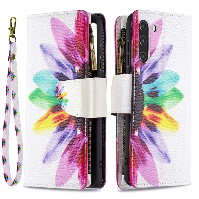 BF03 Zippered Wallet Leather Stand Phone Cover with Vivid Pattern Printing for Samsung Galaxy S21 FE 5G - Colorful Flower