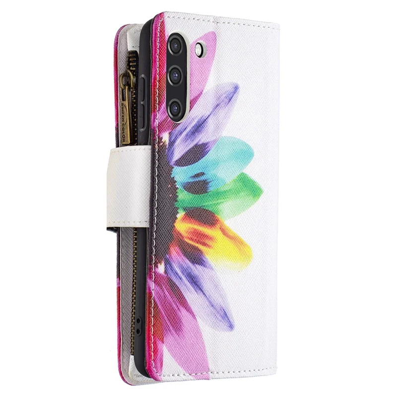 BF03 Zippered Wallet Leather Stand Phone Cover with Vivid Pattern Printing for Samsung Galaxy S21 FE 5G - Colorful Flower