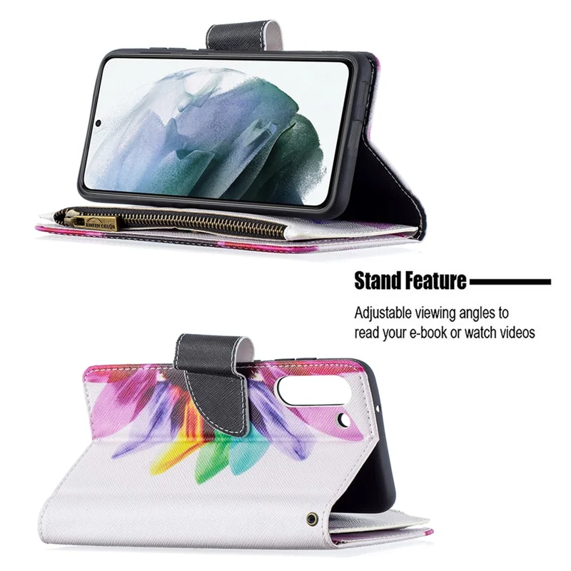BF03 Zippered Wallet Leather Stand Phone Cover with Vivid Pattern Printing for Samsung Galaxy S21 FE 5G - Colorful Flower