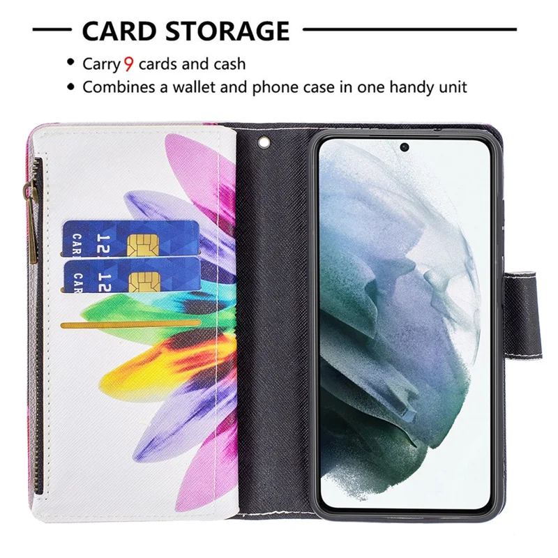 BF03 Zippered Wallet Leather Stand Phone Cover with Vivid Pattern Printing for Samsung Galaxy S21 FE 5G - Colorful Flower