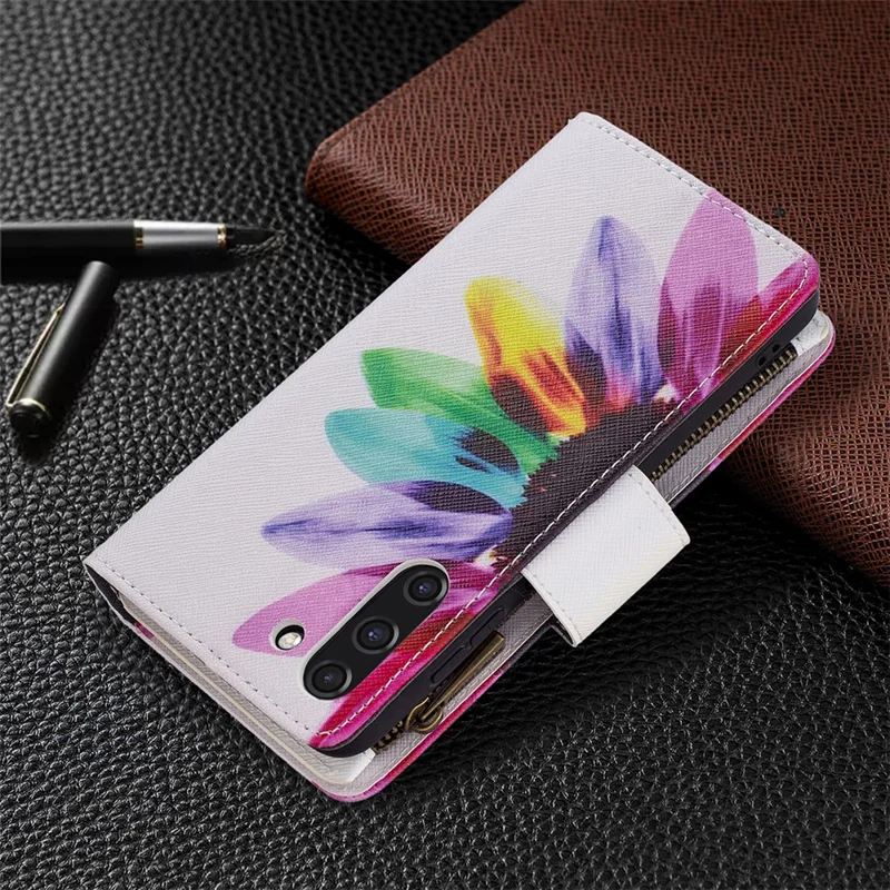 BF03 Zippered Wallet Leather Stand Phone Cover with Vivid Pattern Printing for Samsung Galaxy S21 FE 5G - Colorful Flower