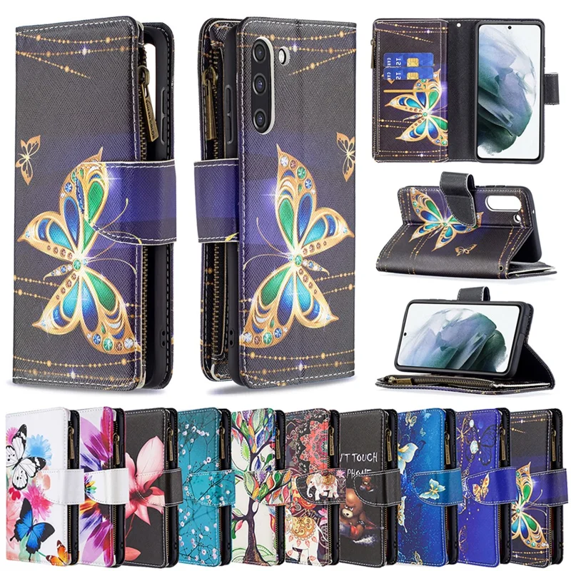 BF03 Zippered Wallet Leather Stand Phone Cover with Vivid Pattern Printing for Samsung Galaxy S21 FE 5G - Colorful Flower