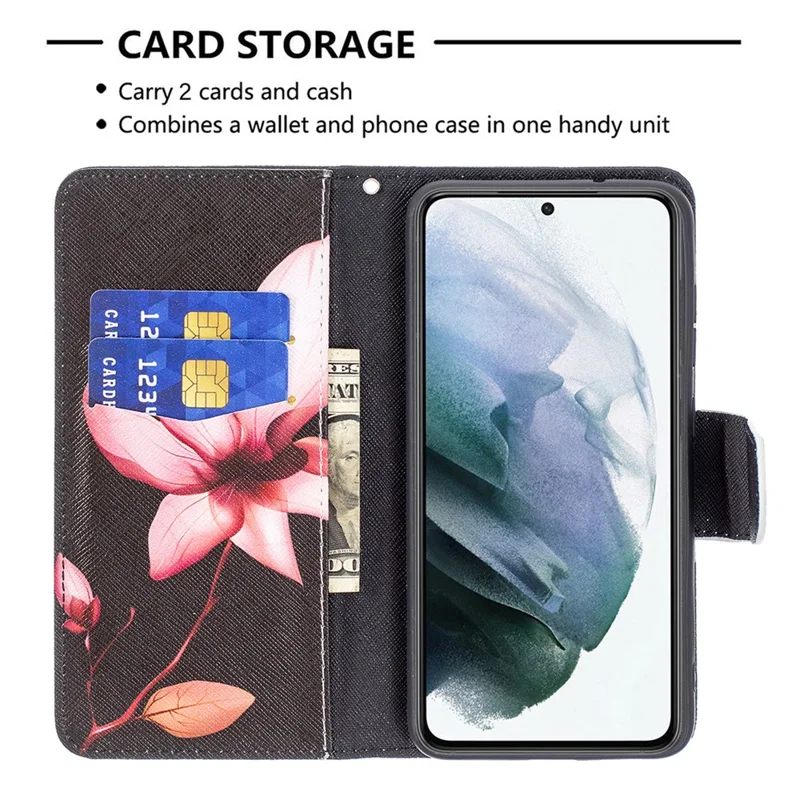 Wallet Design Pattern Printing Full Protection Leather Stand Cover Case for Samsung Galaxy S21 FE 5G - Vivid Flower