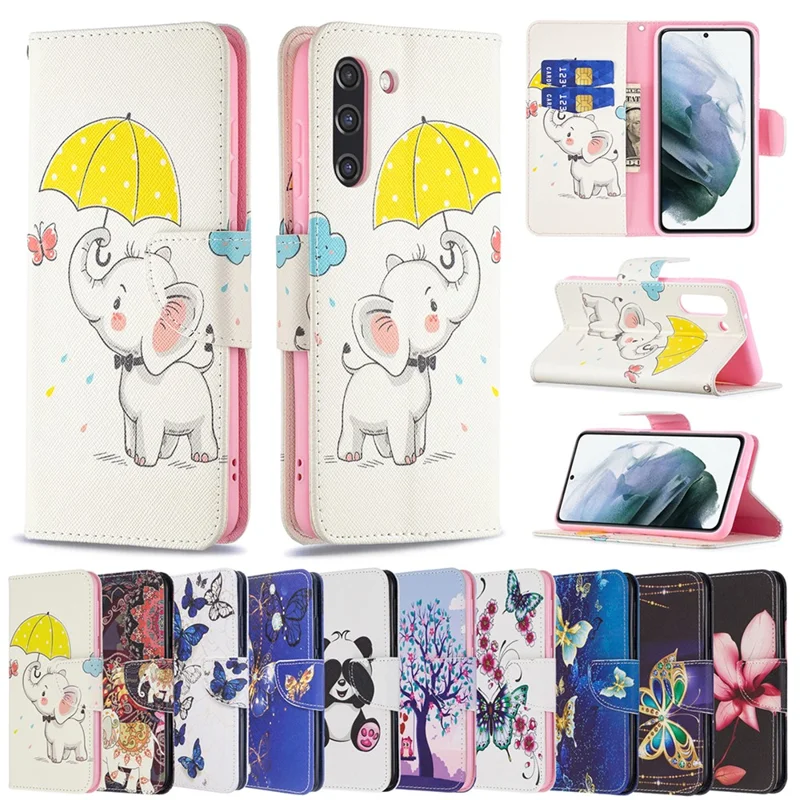 Wallet Design Pattern Printing Full Protection Leather Stand Cover Case for Samsung Galaxy S21 FE 5G - Vivid Flower