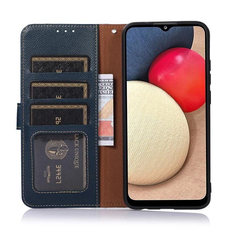 Khazneh Litchi Skin Leather Shell Shell Shell Stand Design Case с Rfid-блокировкой Анти-красочной Дизайн Для Samsung Galaxy A22 5G (версия Ес) - Синий