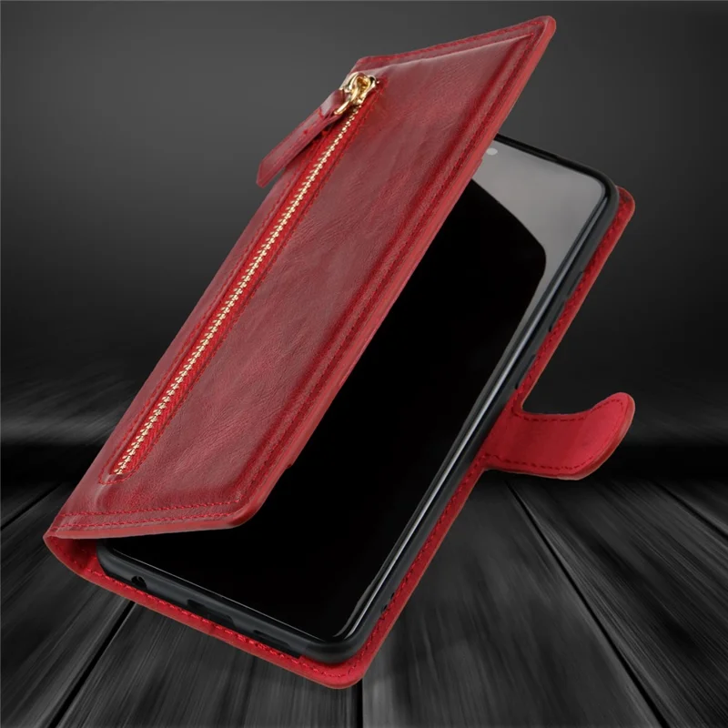 For Samsung Galaxy A52 5G/4G / A52s 5G Zipper Pocket Wallet Magnetic Closure Leather Cover - Red