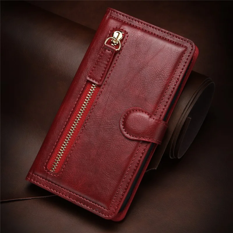 For Samsung Galaxy A52 5G/4G / A52s 5G Zipper Pocket Wallet Magnetic Closure Leather Cover - Red