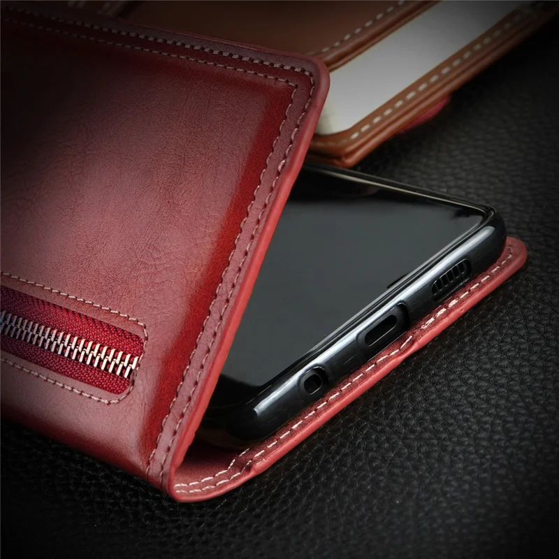 For Samsung Galaxy A52 5G/4G / A52s 5G Zipper Pocket Wallet Magnetic Closure Leather Cover - Red