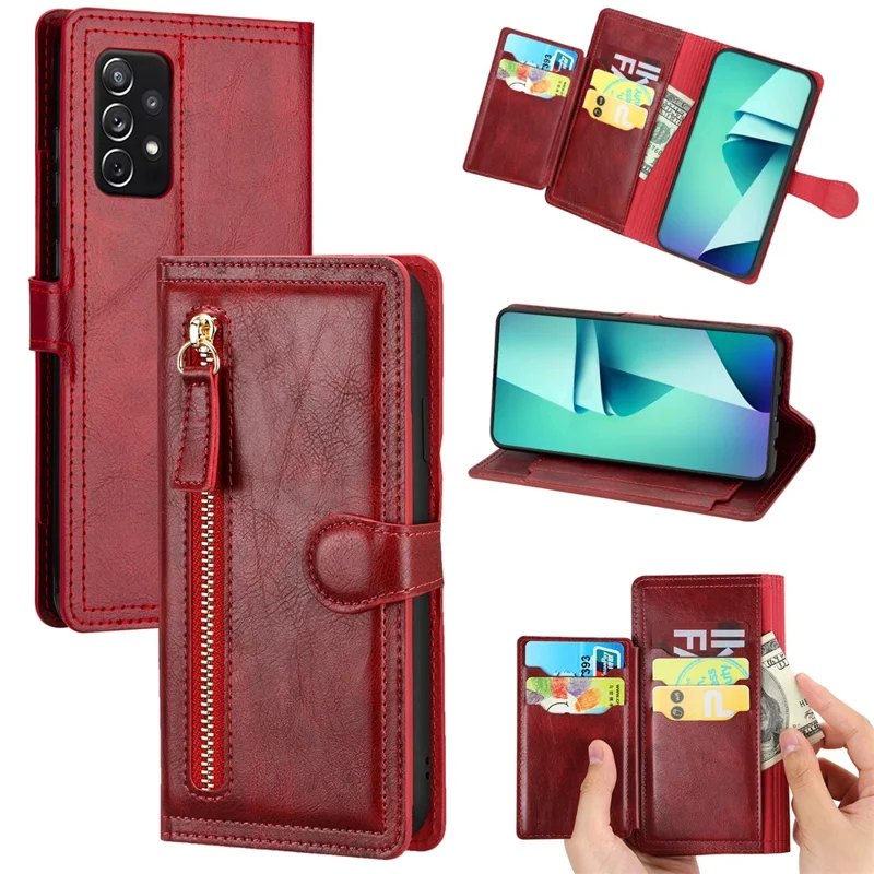 For Samsung Galaxy A52 5G/4G / A52s 5G Zipper Pocket Wallet Magnetic Closure Leather Cover - Red