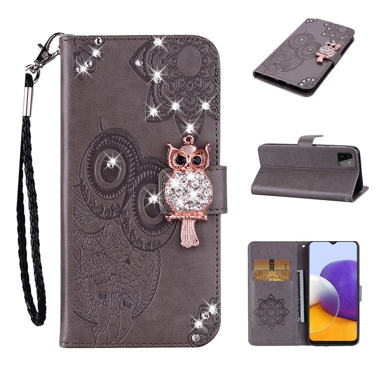 Owl Imprint Rhinestone Decor Leather Phone Cover for Samsung Galaxy A22 5G (EU Version) - Grey
