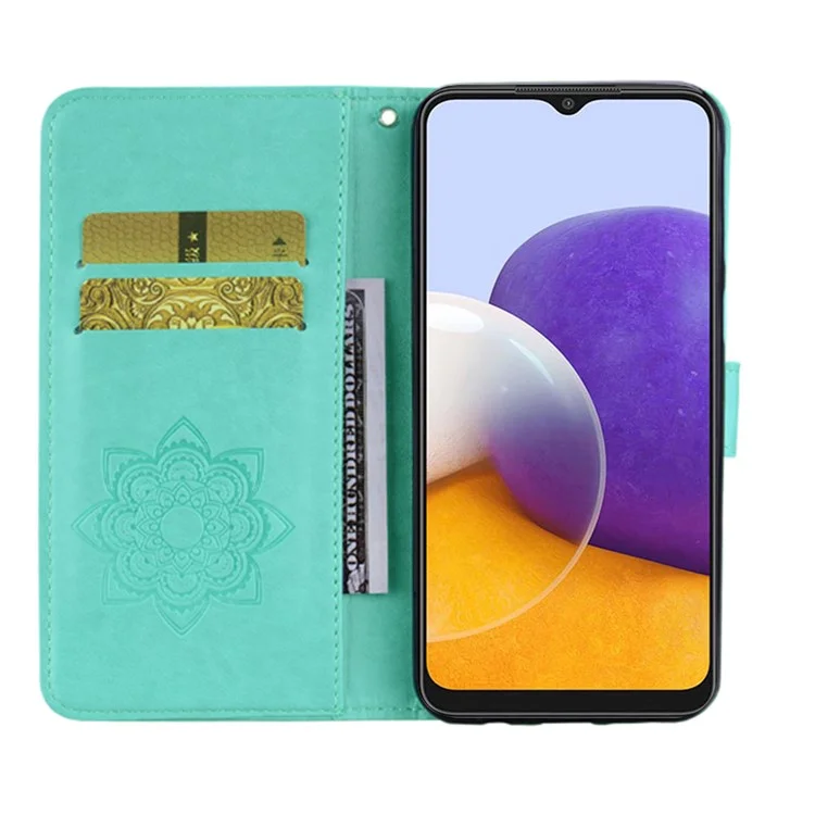 Impressão Flower Owl Stand Stand Phone Leather Cartlet Tampa Para Samsung Galaxy A22 5G (versão da Ue) - Ciano