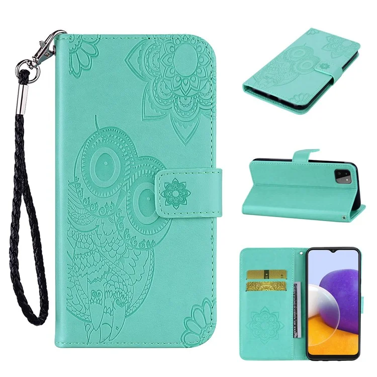 Impressão Flower Owl Stand Stand Phone Leather Cartlet Tampa Para Samsung Galaxy A22 5G (versão da Ue) - Ciano