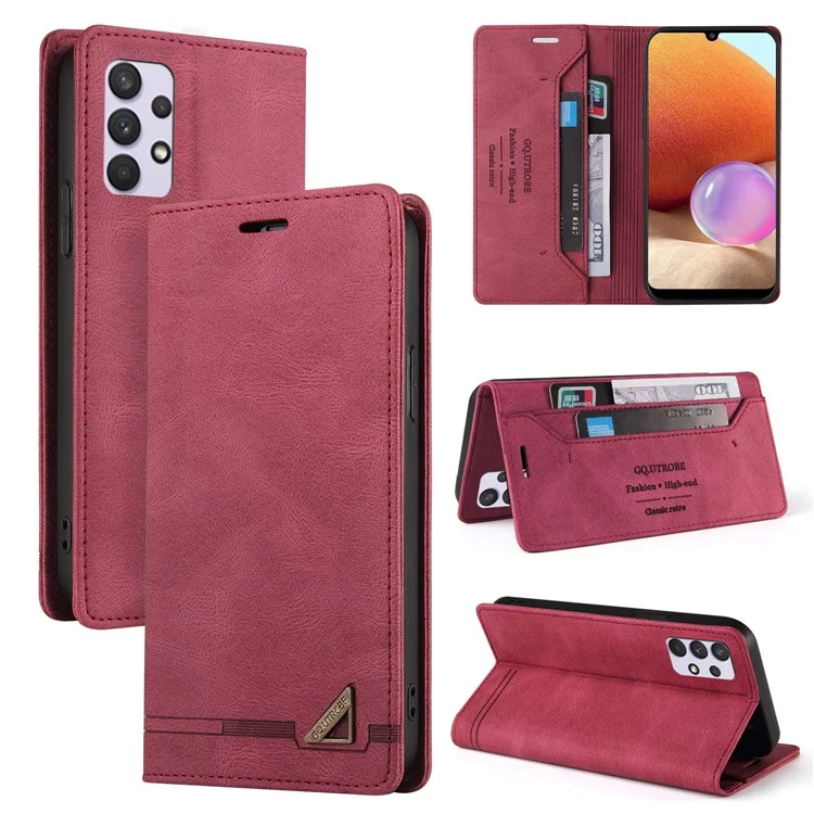 GQ.UTROBE Auto- absorbed Quality Leather Phone Shell Case with Anti-theft Swiping Design for Samsung Galaxy A32 4G - Wine Red