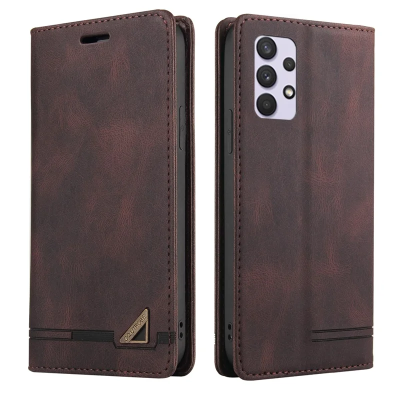 GQ.UTROBE Auto- absorbed Quality Leather Phone Shell Case with Anti-theft Swiping Design for Samsung Galaxy A32 4G - Coffee