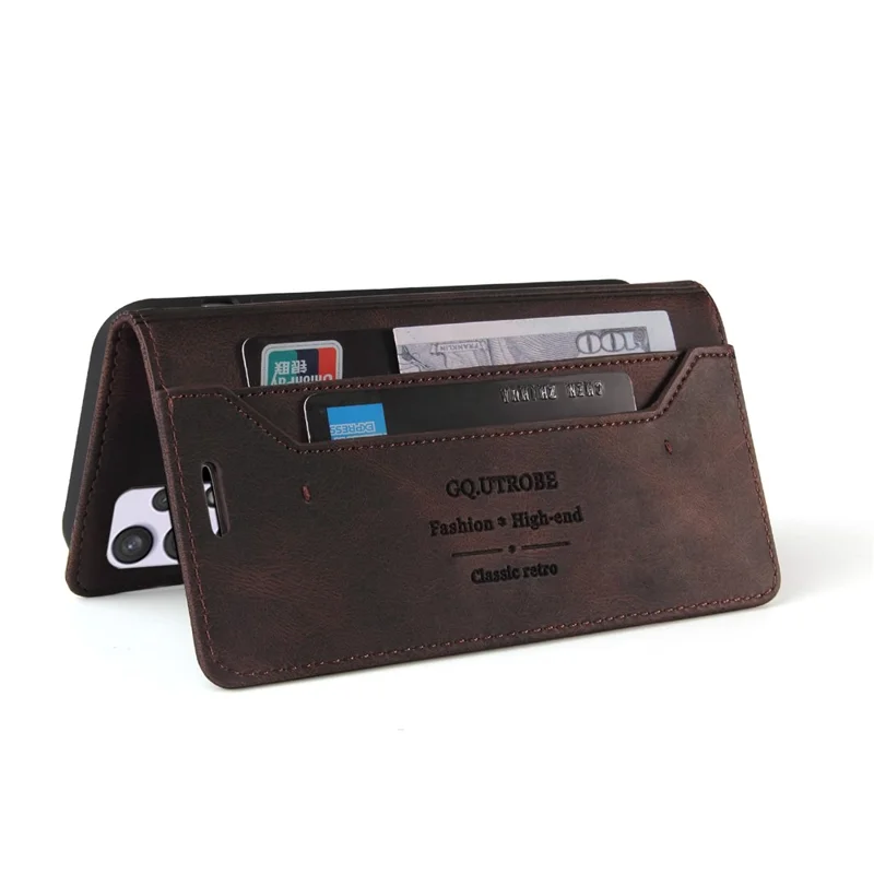 GQ.UTROBE Auto- absorbed Quality Leather Phone Shell Case with Anti-theft Swiping Design for Samsung Galaxy A32 4G - Coffee