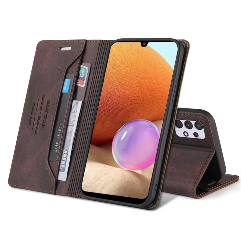 GQ.UTROBE Auto- absorbed Quality Leather Phone Shell Case with Anti-theft Swiping Design for Samsung Galaxy A32 4G - Coffee