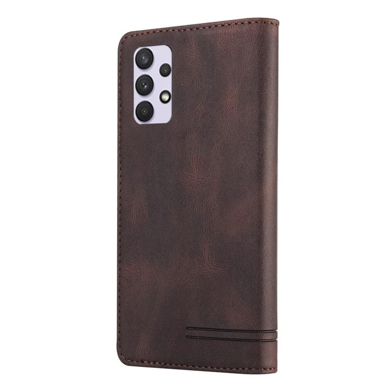GQ.UTROBE Auto- absorbed Quality Leather Phone Shell Case with Anti-theft Swiping Design for Samsung Galaxy A32 4G - Coffee