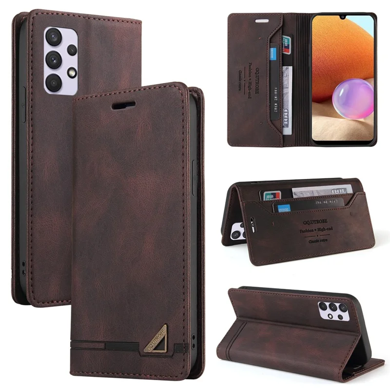 GQ.UTROBE Auto- absorbed Quality Leather Phone Shell Case with Anti-theft Swiping Design for Samsung Galaxy A32 4G - Coffee
